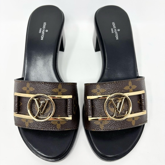 Louis Vuitton Lock It Mule Heeled Sandals Brown Monogram Canvas LV Logo Size 37 - Picture 3 of 16